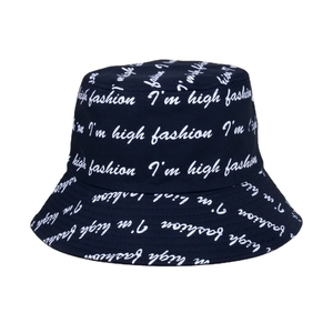 Black reversible bucket hat with white all-over I'm High Fashion letter print