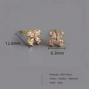 Elegant 925 sterling silver flower stud earrings with gold plating and clear zircons