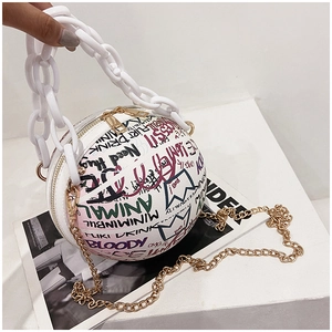 Detail of white spherical basketball bag with colorful graffiti and acrylic chain handle
