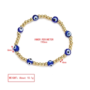 Blue Evil Eye beaded bracelet detail with 6mm and 4mm gold beads and size specs
