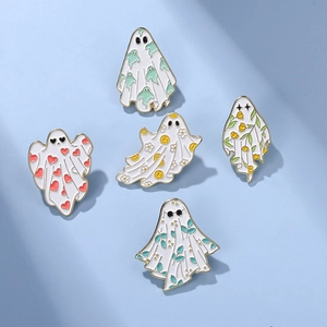 Cute faceless ghost enamel pins collection with heart and flower patterns on blue background