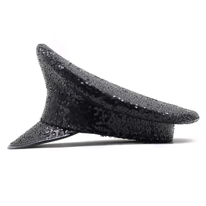 Detailed side view of a black sequined military hat showing shimmering texture for party wear