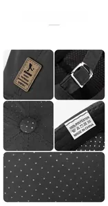 Macro detail of breathable mesh fabric with adjustable metal buckle and EDIKO leather patch