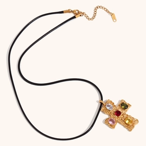 18K gold-plated stainless steel cross necklace with colorful gems and black cord