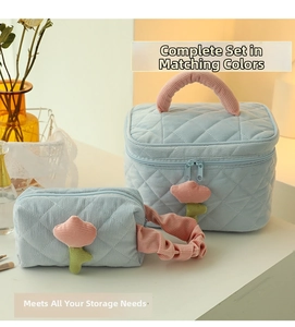 Light blue corduroy toiletry bag set with quilted diamond pattern and flower charm detail