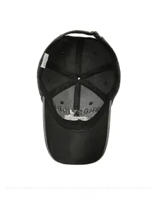 Detail showing inner six-panel structure and metal buckle of washed grey baseball cap