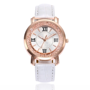 Women's rose gold quartz watch with rhinestone bezel and white crocodile leather strap