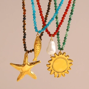 Sun Starfish Fish Pendant Necklace Stainless Steel 18K Gold Plated Natural Stone Beads Summer Beach Jewelry For Women