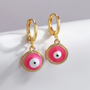 Fashionable gold-plated hoop earrings with pink enamel evil eye charms for women