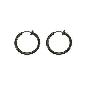Detailed view of round black stainless steel spring clip-on earrings on a white backdrop
