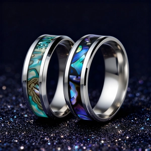 Polished 8mm stainless steel rings for men featuring colorful abalone shell inlays