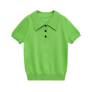 Bright green short-sleeve knit Polo shirt with three black buttons and ribbed hem finish