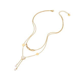 Gold double layer stainless steel necklace with heart pendant, zircon and pearl tassel