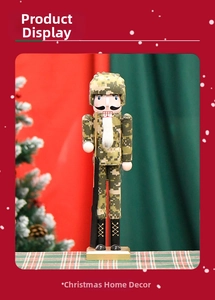 Detail of wooden nutcracker soldier in camouflage uniform with rifle and golden base