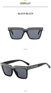 Detail of luxury rhinestone-encrusted black frame sunglasses with side and front views