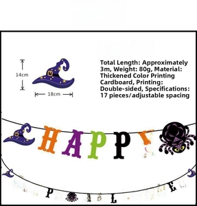 Detail of Happy Halloween banner with 17 paper pennants showing 3m length and dimensions