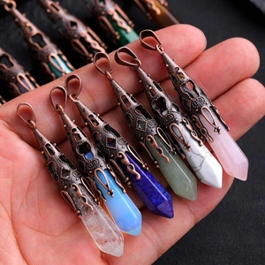 Set of 6 hexagonal crystal pendants with vintage copper caps in assorted gemstones