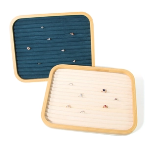 Bamboo wood jewelry tray with velvet grooves for ring and earring display and storage
