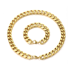 Polished golden stainless steel Cuban link necklace and bracelet set for men's fashion