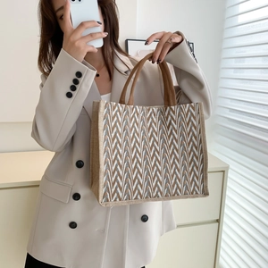 Brown and beige wave patterned tote bag with woven handles for daily fashion
