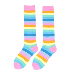 Detail of colorful rainbow striped knee high socks made of knitted cotton fabric