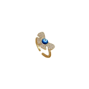 Adjustable gold butterfly ring featuring a blue evil eye and sparkling cubic zirconia stones
