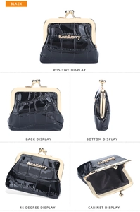 Detailed views of black crocodile texture coin purse with gold clasp from five angles