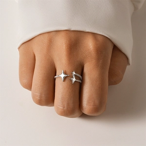 Detail of adjustable S925 silver ring featuring three polished star elements on band