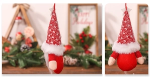 Detail view of red knitted faceless forest gnome ornament for Christmas tree decor