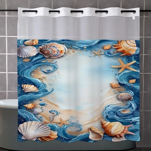 Detail of waterproof ocean shower curtain with shells and starfish on grey bathroom tile