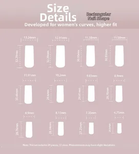Tableau des tailles détaillé pour les faux ongles 3D miroir carrés avec dimensions