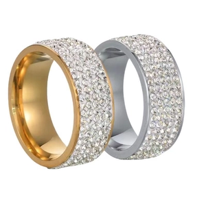 Luxury stainless steel wide rings in gold and silver colors with full diamond pavé inlay