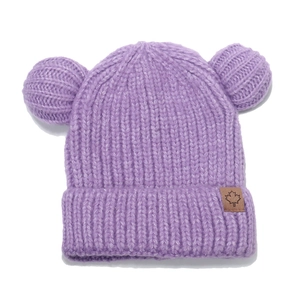 Lavender knitted beanie for kids featuring cute bear ears and a maple leaf leather patch