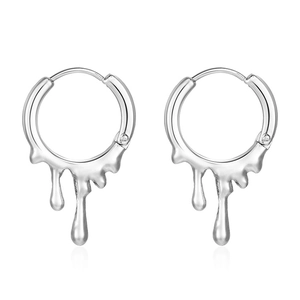 Modern irregular molten lava water drop hoop earrings in polished silver stainless steel