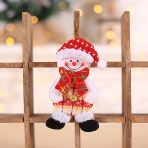 Cute plush snowman Christmas tree ornament with red knitted hat and golden button