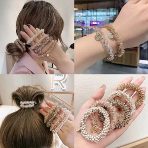 Elegant Crystal And Imitation Artificial Pearl Beaded Scrunchies Hair Ties Elastic Bracelet Dual-use Korean Style For Women Girls
