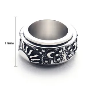 Vintage spinner ring with sun and moon relief, 11mm wide stainless steel jewelry