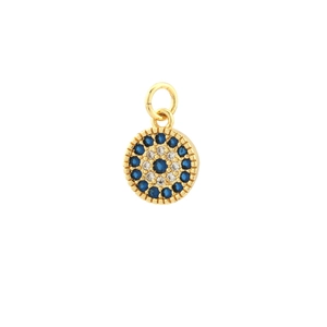 Detailed macro of gold-plated copper evil eye pendant with blue and white zircon stones