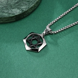 Octagonal hexagram pendant necklace in silver stainless steel on green background