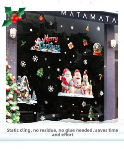 Close-up of Merry Christmas static window stickers with Santa and snowflake designs