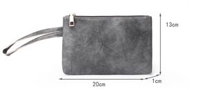 Gray textured clutch bag with wristlet showing detailed dimensions of 20cm x 13cm x 1cm