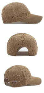 Detailed views of light brown knit baseball cap with hollow wave pattern and adjustable strap