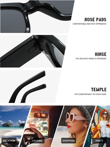 Detail view of reinforced hinges, nose pads, and lifestyle scenes for cat eye sunglasses
