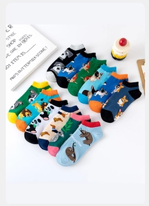 Set of 10 low-cut cotton socks with cute cartoon panda and corgi animal patterns