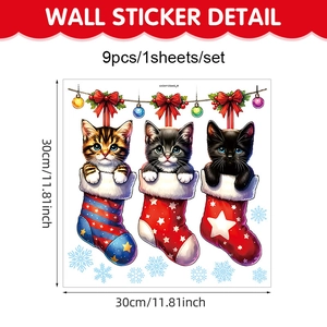 Stickers de Noël pour fenêtres avec chatons dans des chaussettes, flocons et étoiles