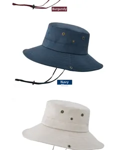 Outdoor sun hats in wine red, navy, and beige with side ventilation and drawstrings