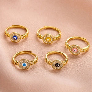 Fashion Gold Plated Copper Evil Eye Open Ring With Rhinestone Colorful Enamel Adjustable Finger Ring For Women Jewelry Gift