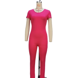 Rose red short sleeve backless bodysuit with slim fit athletic design for women