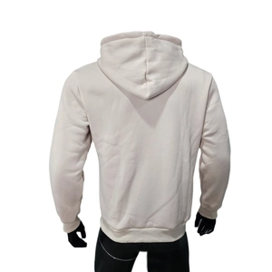 Back view of beige men hooded sweatshirt with long sleeves on a black mannequin