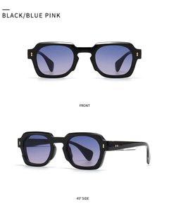 Occhiali da sole rétro neri con lenti sfumate blu-rosa e rivetti in oro metallizzato